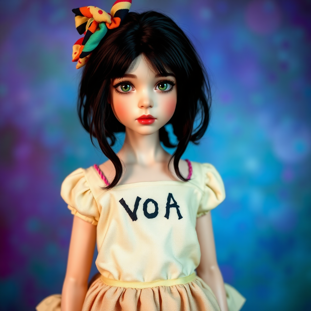 ooak art doll, artist doll, realistic doll, life-like porcelain doll, young preteen girl, unique personality, bisque doll, text "VOA" on dress, vibrant colors, aesthetic art