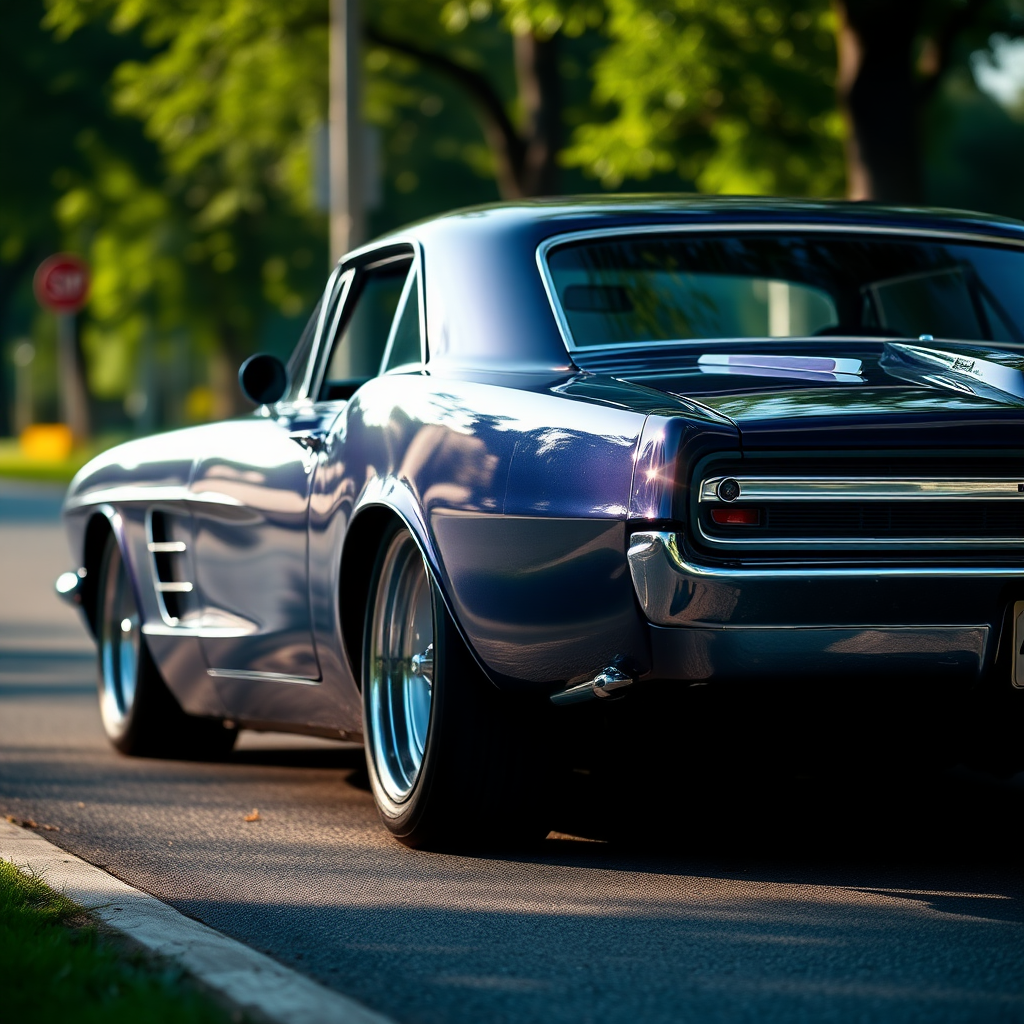 metallic shine classic car is parked on the side of the road, inspired by Taiyō Matsumoto, tumblr, restomod, nd4, c4 metallic shine classic american muscle car