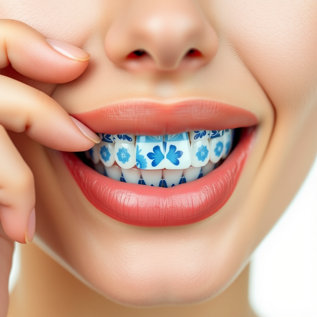 A close-up of the mouth and lips, with clear skin texture visible on an isolated white background. The teeth are made out of Portuguese blue tiles. The person is holding their finger stretching the corner of the mouth, showcasing the amazing blue tile artwork on the teeth. A detailed shot, highlighting the intricate design on the Portuguese blue and white tiles on the model's teeth. The composition emphasizes the model's face in sharp focus against the pure backdrop, creating a serene atmosphere for beauty product advertising. --ar 3:4 --stylize 1000 --v 6.1