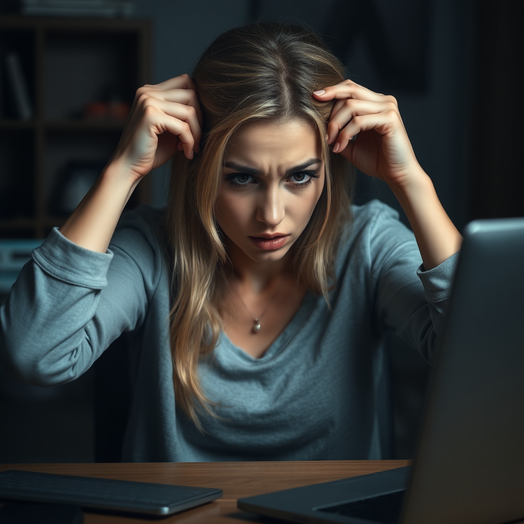 Create a detailed photo realistic scene of a desperate young nice blonde girl sitting in front of a computer. Her posture should reflect frustration, with her hands either on her face or gripping her head. Her surroundings are a typical home or office workspace, with dim lighting adding to the tense and stressful mood. The computer screen could show error messages, glitches, or something causing her distress. The woman’s expression should be a mix of anxiety, exhaustion, and despair, with subtle attention to facial details like furrowed brows or clenched jaws.