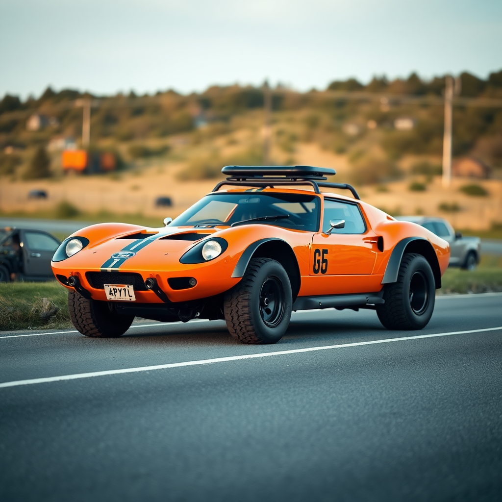 concept ford gt90 the 4x4 car is parked on the side of the road, inspired by Taiyō Matsumoto, tumblr, restomod, nd4, c4