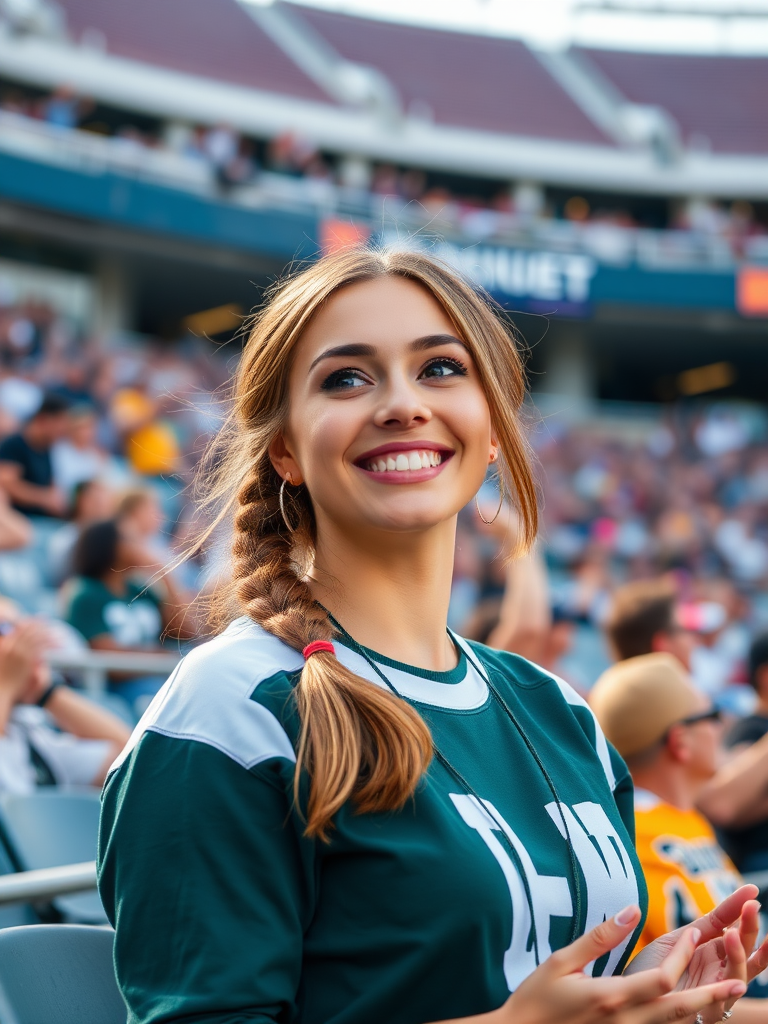 Attractive female NFL fan cheering, pigtail hair, bleacher row