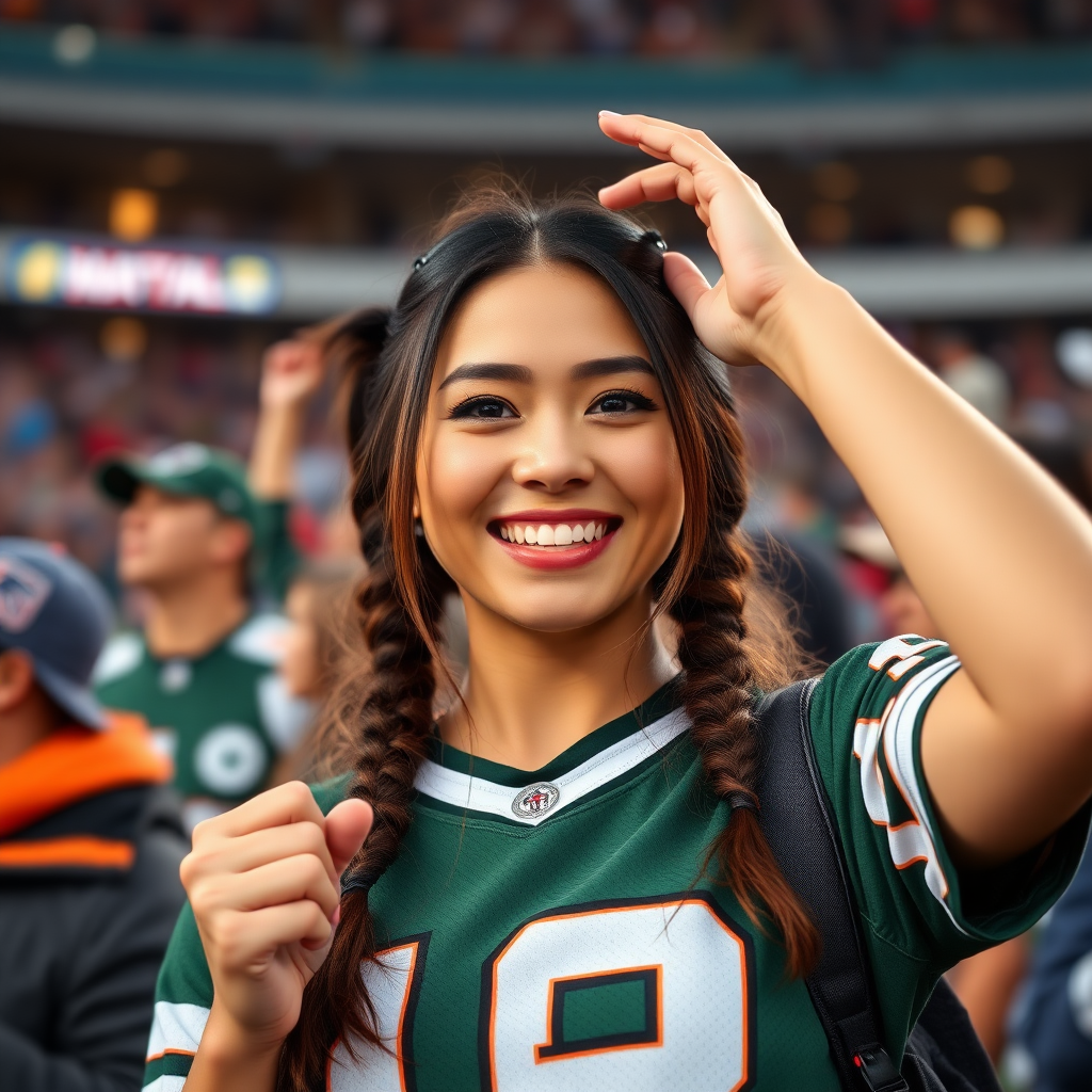 Attractive female NFL fan, pigtail hair, cheering