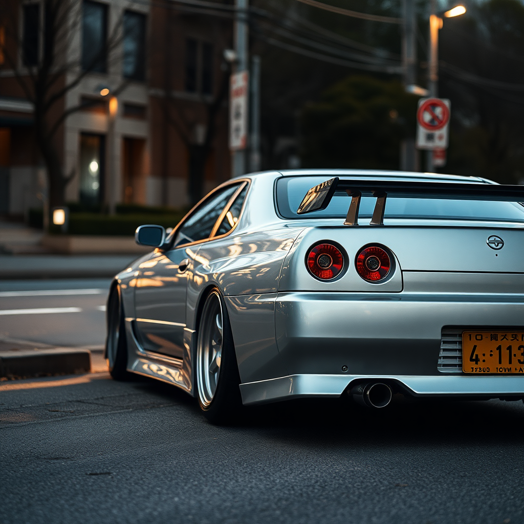 the car is parked on the side of the road, inspired by Taiyō Matsumoto, tumblr, restomod, nd4, c4 metallic shine nissan skyline r34 hard light