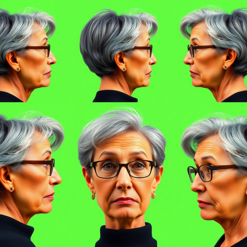 Photorealistic image of six headshots of a 55 Years old, European, Latina, sharp aquiline nose, wrinkles, high cheekbones, Middle Eastern, Skinny, Tanned skin, Dark light skin, full Makeup, jewelry, Sharp nose, frowning, astonished, shocked, dark grey Ash hair, short bowl haircut, Brown eye color, Glasses, with detailed features. Each photo displays the same face in back, profile and front view, cut out and isolated on a green background. All six heads are visible side by side, empty space around each view, no overlapping.