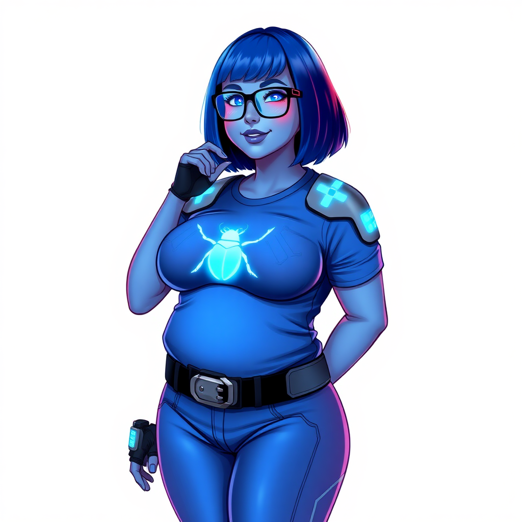 A 28-year-old, full-figured, metallic maximum blue (5PB 5/10) skinned computer program hybrid with a maximum blue bob cut. She has a non-athletic build, highlighted by a prominent, round, large midsection (with emphasis on her round large belly), which shows the effects of her new love of junk food acquired from her boyfriend. As the full-figured, nerdy, digital sidekick to her cyberpunk vigilante boyfriend, her metallic maximum blue skin and maximum blue lipstick (5PB 5/12) emphasize her digital nature. Her skin has a subtle, animated glow, with digital patterns occasionally flickering across it, making her digital nature obvious. She wears a digital, computerized costume, consisting of a massive, tight-fitting, maximum blue t-shirt (5PB 5/12) made out of advanced nanotech with a neon blue glowing chest icon of a beetle, hi-tech shoulder pads with neon blue accents, a black hi-tech belt with a digital neon blue glowing buckle, digital maximum blue biker pants (5PB 5/12) with neon blue accents, and black hi-tech fingerless biker gloves with neon blue glowing accents. Her neon blue glowing eyes, black eyeglasses with neon blue glowing lenses equipped with a built-in HUD, and bashful smile with neon red blush accentuate her nerdiness. She stands bashfully with one hand behind her back and the other hand gently touching her cheek, her costume covering all her skin and emphasizing her full figure (especially her round large belly). She is clearly non-athletic, with a focus on her full-figured physique. Despite her build, she radiates beauty. She has a slim face compared to her physique, accentuating her radiant beauty. She is on a solid white background. She is drawn as if she were in a retro 2D cyberpunk fighting game.