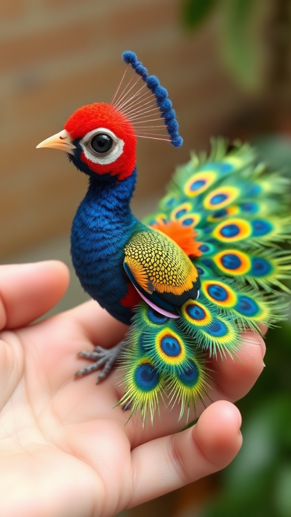 A small tiny cute chubby big eyes big perfect tail real colorful dancing peacock with tail on hand