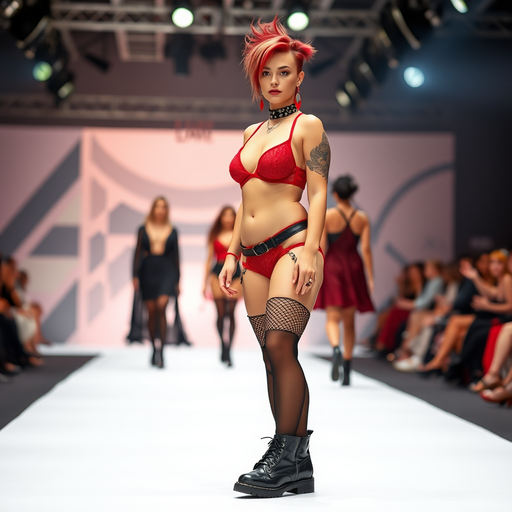 a size 16 girl with punk hairstyle wearing red lingerie and black stockings on a catwalk during a fashion show - full length view - she is wearing Doc Martin type boots - there are other models on the catwalk as well