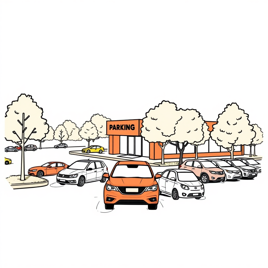 small company parking lot, borders, trees, 
long establishing shot, 2D, caricature, cartoon, Sketch lines, coloring book, coloring book style on white background, well composed, clean coloring book page, No dither, no gradient, strong outline, No fill, No solids, vector illustration, realistic proportions, left side view