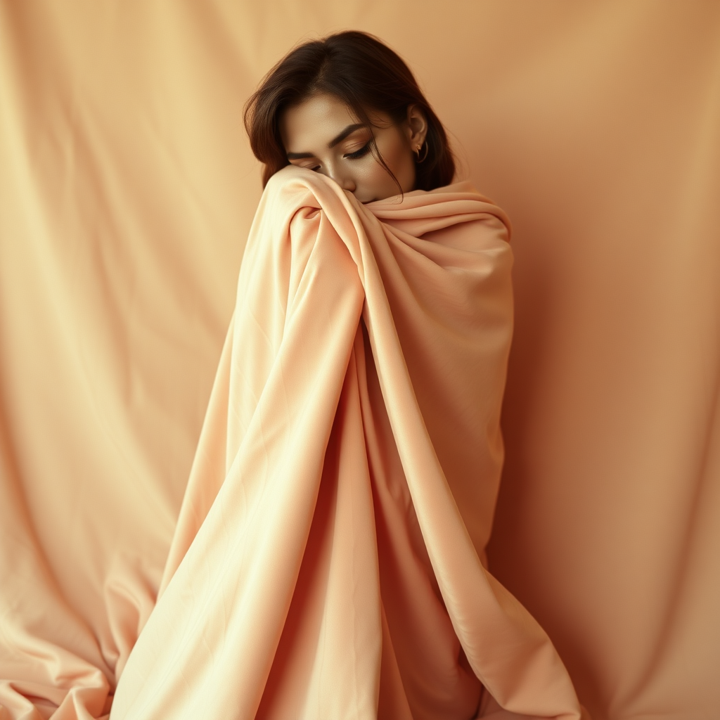 the model covers herself with a velvet sheet