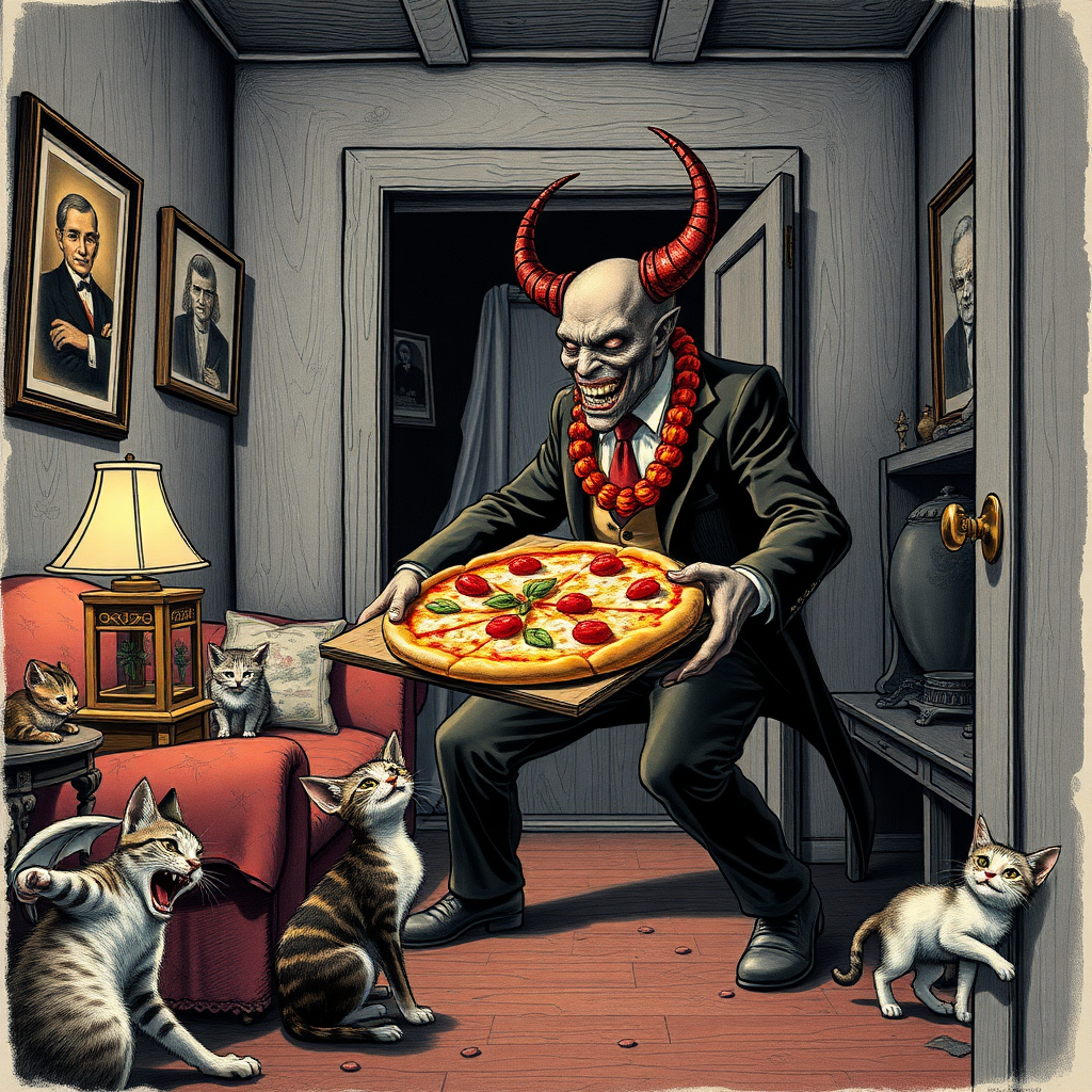 A well dressed handsome demon delivering Hawaiian pizza to angry kittens in a decayed apartment, Chinese woodcut, Mormon , Catholic