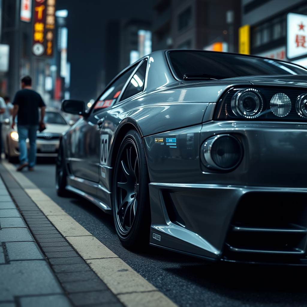 The car is parked on the side of the road, inspired by Taiyō Matsumoto, tumblr, restomod, nd4, c4 metallic shine gray black nissan skyline r34 crowded tokyo night background detailed overall details.