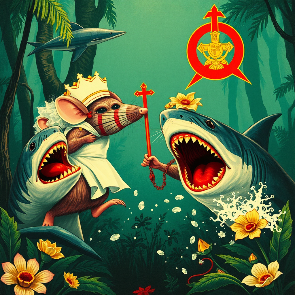 A rat wedding being attacked by sharks, Catholic, Soviet propaganda poster, no text, Lovecraftian, in the rainforest