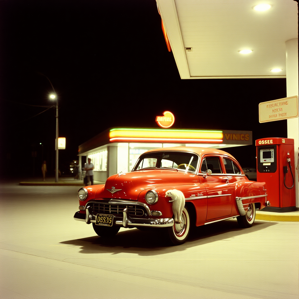 highly detailed Kodachrome color real photograph from 1974 of And the lamb lies down on Broadway Nighttime's flyers feel their pains
Drugstore takes down the chains
Metal motion comes in bursts
But the gas station can quench that thirst
Suspension cracked on unmade road