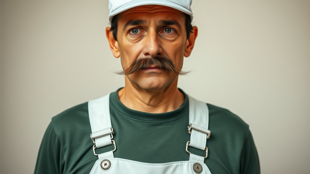 Thin Italian man with large mustache. He wears a white cap and white overalls over a long sleeve dark green t-shirt.