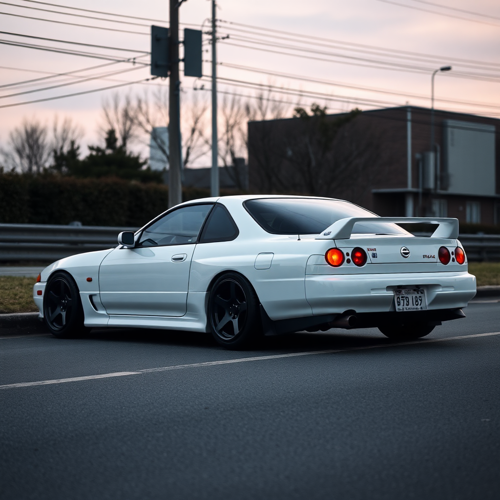 shine nissan silvia s14 the car is parked on the side of the road, inspired by Taiyō Matsumoto, tumblr, restomod, nd4, c4 cold colors