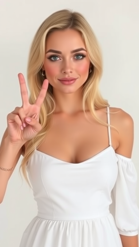 blonde girl peace sign, white dress, flat chest, flat chested