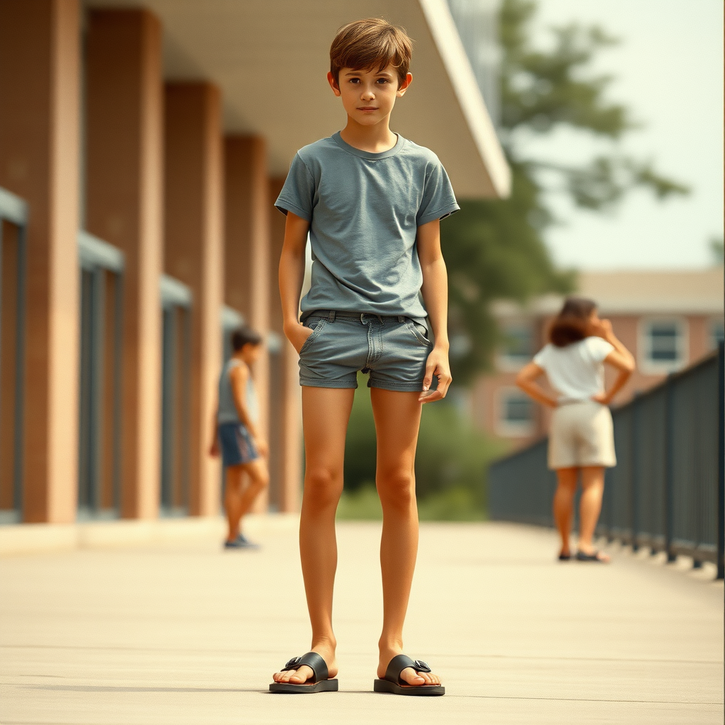 photorealistic, ultra high resolution, 16K. A tall skinny 12yo teen boy wearing t-shirt, tight booty shorts, sandals. Long legs, bare thighs, narrow hips. At school. 1980s. Negative: grainy, blurry, bad anatomy, extra limbs, watermark.