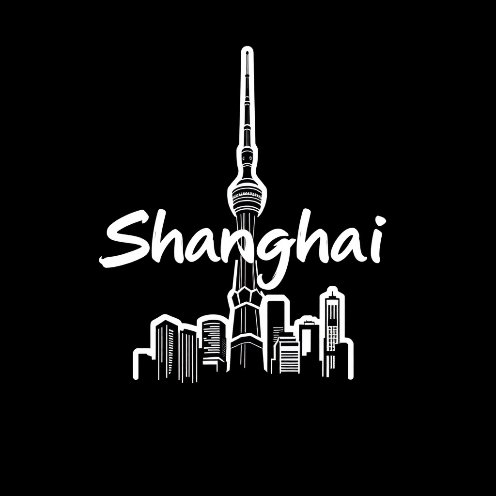 a sticker with the words "Shanghai" above the Oriental Pearl TV Tower, in the style of prudence heward, petros afshar, dtraditional animation, graffiti, studyplace，black background, White stroke