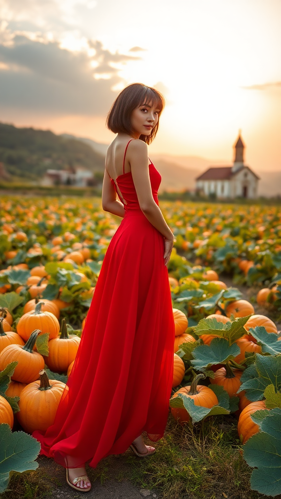 On the left, a beautiful model wearing a long red dress, short layered black hair, with 12 cm high heels, in the background a field of large orange pumpkins, in the background a Veneto village with a small church, sky at dawn with the sun and white clouds.