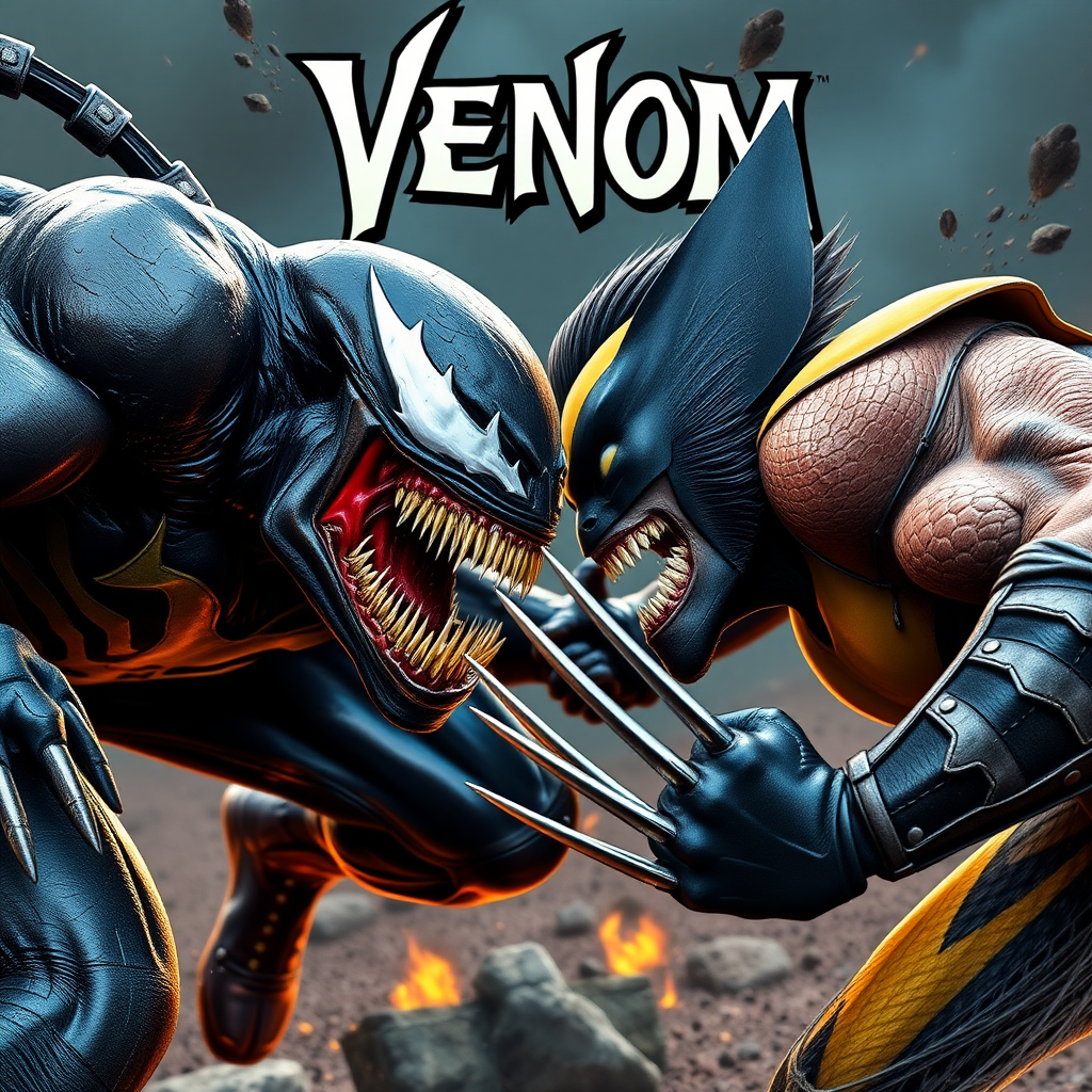 jumping out of an epic comic book cover is Venom Vs Wolverine head-to-head in battle. Cinematic Real3d photo-realistic quality.