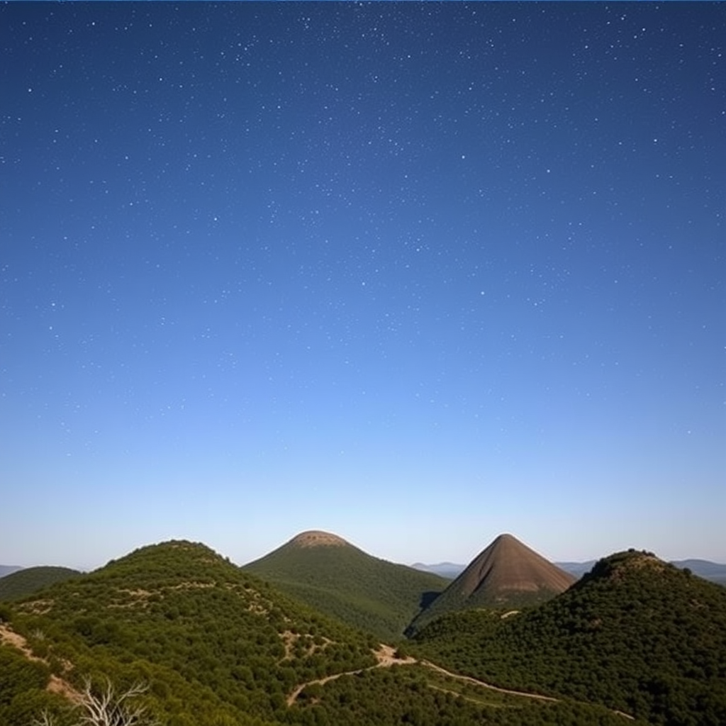 Hilly area of Marmilla, very high and large conical hills with vegetation, with a semi-dark sky filled with stars, and the Milky Way.