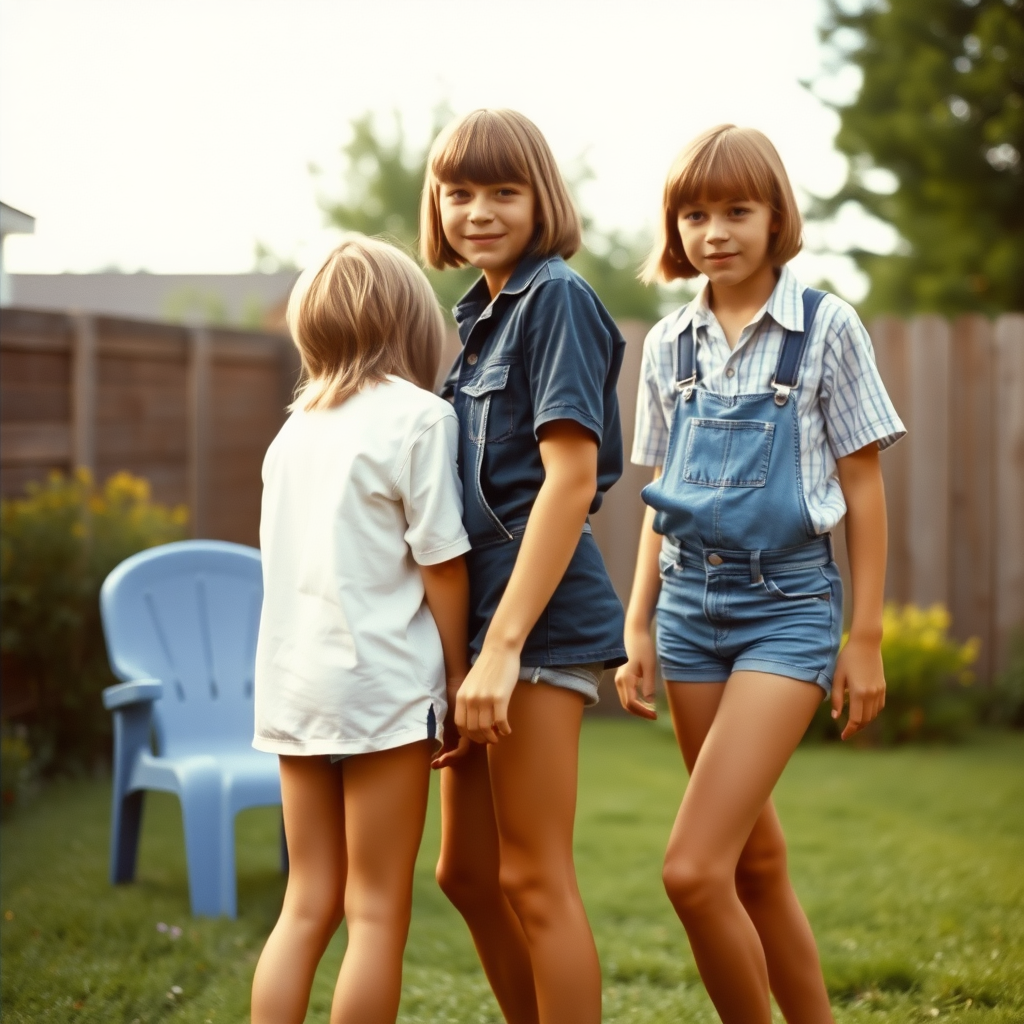 Two tall 14-year-old teen boys, long hair bob cut, wearing shirts and very tight booty shorts or denim tight booty shortalls, long legs, narrow thighs, full-length view. 1970s. Playing in the backyard. Photorealistic, ultra high resolution, 16K. Negative: grainy, blurry, bad anatomy, extra limbs, watermark.