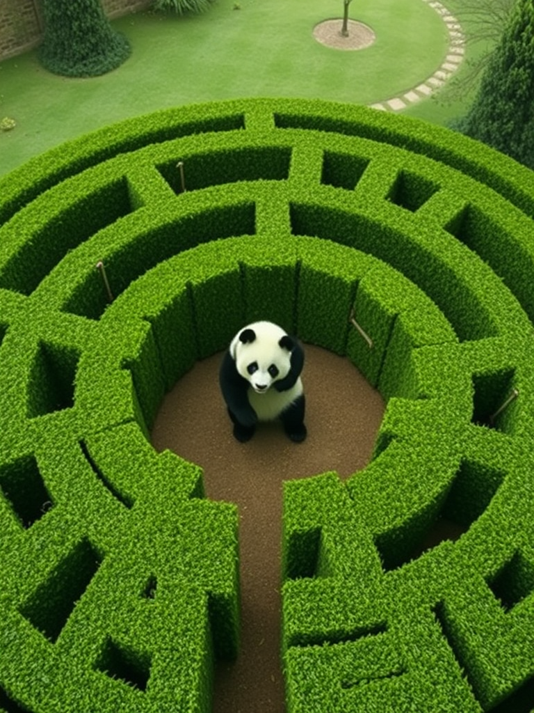 A bird's eye view of a large Victorian style maze made of green hedges. Inside the maze, we can see a panda bear that is trying to escape the maze.