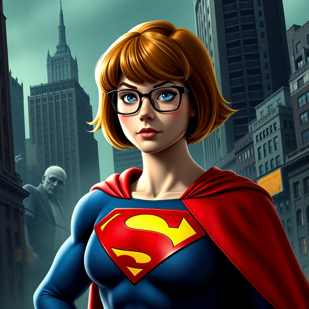 Create a hyper-realistic full-length rendered image of a hybrid character, blending Velma Dinkley's head and hair with Superman's muscular body. Retain Velma's iconic glasses and outfit, adjusting the costume for a seamless fit with the new proportions. Design a detailed background inspired by both the Mystery Inc. universe and Metropolis, featuring a bustling cityscape with shadowy hints of mystery, like ghostly figures or hidden monsters. The scene should be rich in texture and color, capturing the adventurous spirit of both characters while highlighting their distinct features in a lifelike manner.