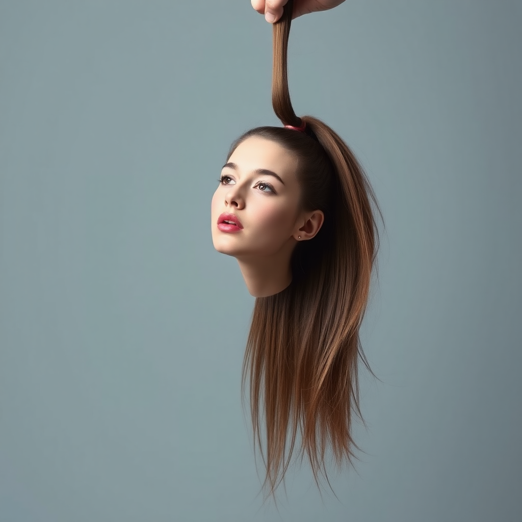 Surreal image of a very long haired woman's beautiful disembodied head hanging by her very long hair. Her very long hair is gathered at the top of her head into a long ponytail that stretches upward into a grasped hand. Plain gray background. She has an aroused expression on her face.