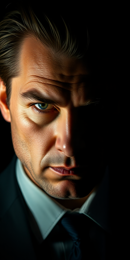 A clever-looking man with a piercing gaze, set against a dark, moody background. His face is partially illuminated by a soft, dramatic light, highlighting his sharp features and intense eyes. He wears a dark suit, his expression calculating and mysterious, as if he's deep in thought or planning something. The shadows around him add to the feeling of secrecy and intrigue, with a dark, almost noir atmosphere.