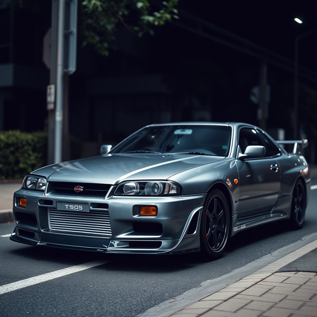 The car is parked on the side of the road, inspired by Taiyō Matsumoto, tumblr, restomod, nd4, c4 metallic shine gray black nissan skyline r34 kalabalik tokyo gece arkaplan