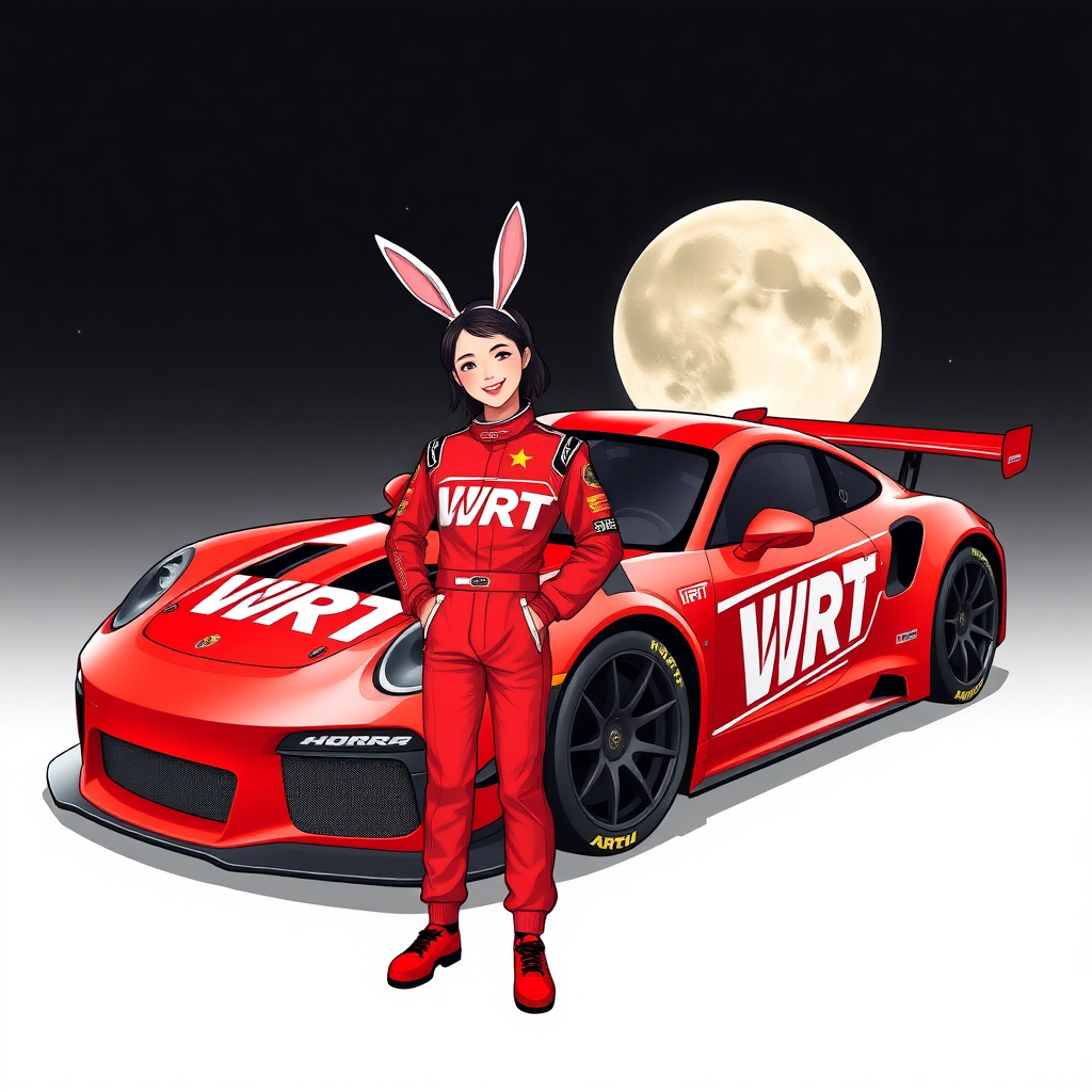 A red race car with "WRT" written on its body; a beautiful Chinese female racer wearing rabbit ears on her head, standing next to the car and smiling. Her racing suit also has "WRT" written on it, with a huge moon in the background.