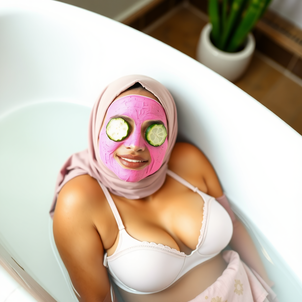 A skinny, traditional, 30 year old Indian wife with hijab, wearing a bra and skirt, lying in a bath tub. Her face is covered with pink face mask, and her eyes are covered with cucumber slices. She looks satisfied from her facial expression.