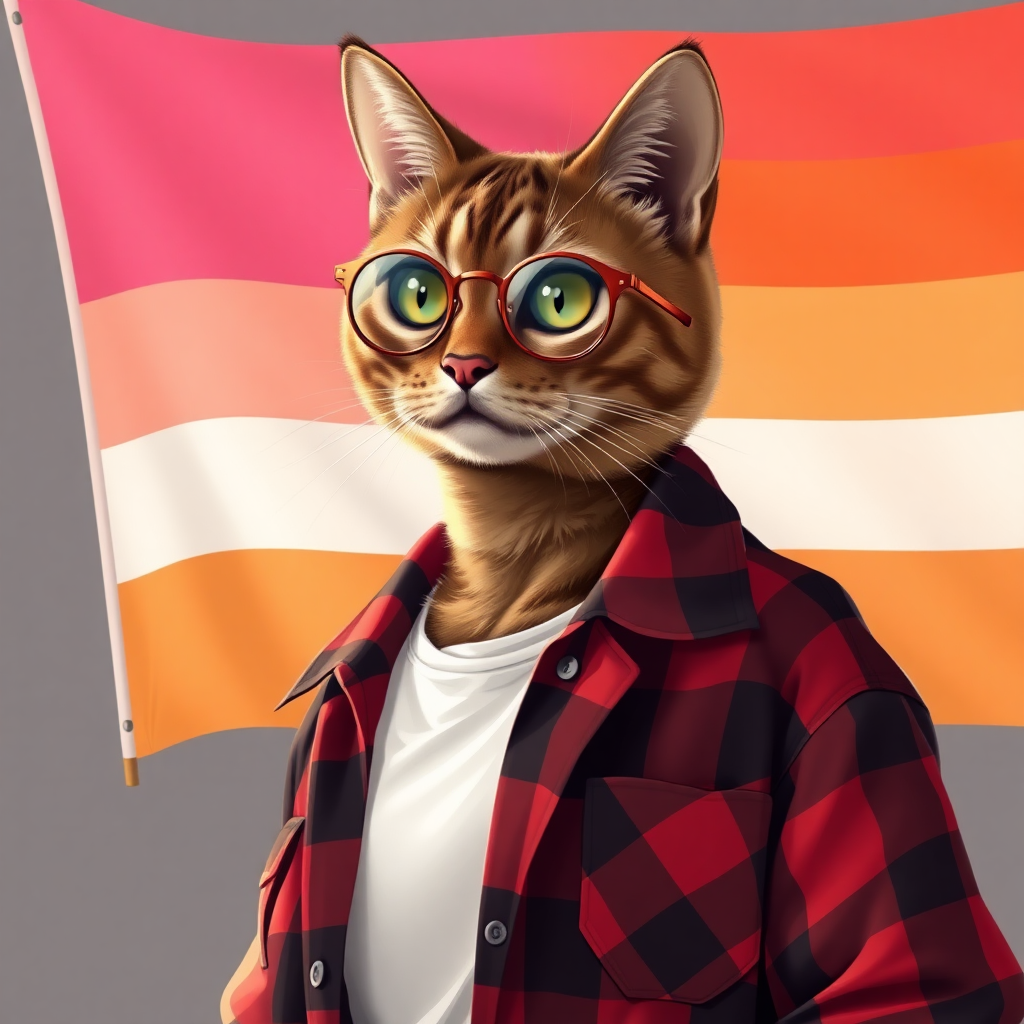 female cat-man brown color with, behind, a flag with horizontal colors pink/light pink/white/light orange/orange, colors in that order, wearing semi-round glasses, an open red and black checkered shirt with a white t-shirt, in digital art