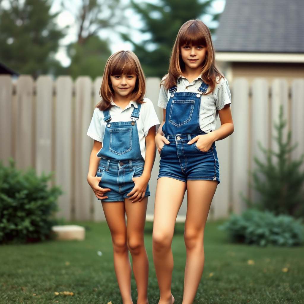 Two tall 14-year-old teen boys, long hair bob cut, wearing shirts and very tight booty shorts or denim tight booty shortalls, long legs, narrow thighs, full-length front view. 1970s. Playing in the backyard. 
Photorealistic, ultra high resolution, 16K, 
Negative: grainy, blurry, bad anatomy, extra limbs, watermark.