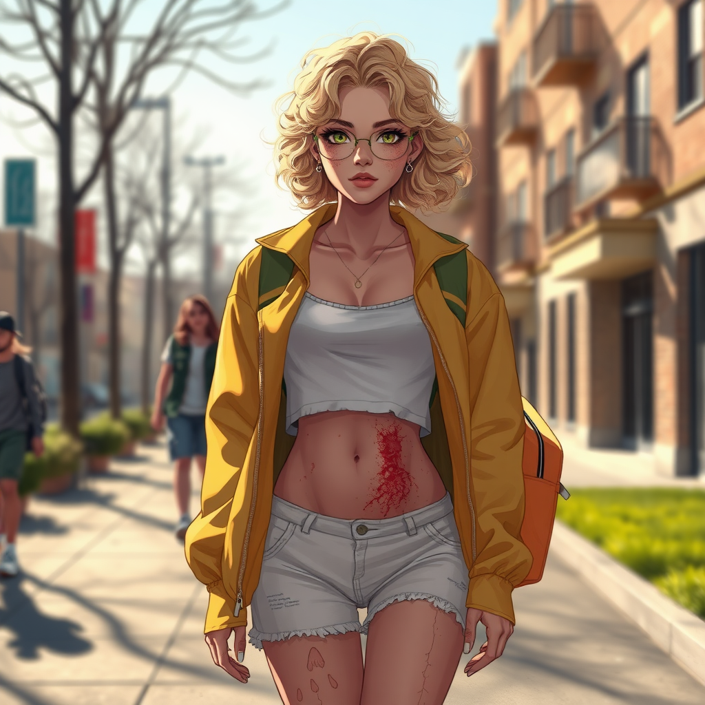 Realistic drawing style image, Extremely good quality 8k resolution drawn manga image of a 15 year old petite and short tomboy girl with golden blonde curly hair with mixed and different colored eyes for each eye and moles on her entire body and is a white American girl, Has on a Gold Jacket over a white extremely short crop top only covering her breasts and nothing more with a design on it, and has on ripped shorts and cool looking sneakers and a deep and big knife cut wound on her stomach from a huge injury she had, with a bright color backpack, ear piercings on, walking on the street to school in the morning with the beautiful sunlight lighting up her body beautifully with no tattoos.