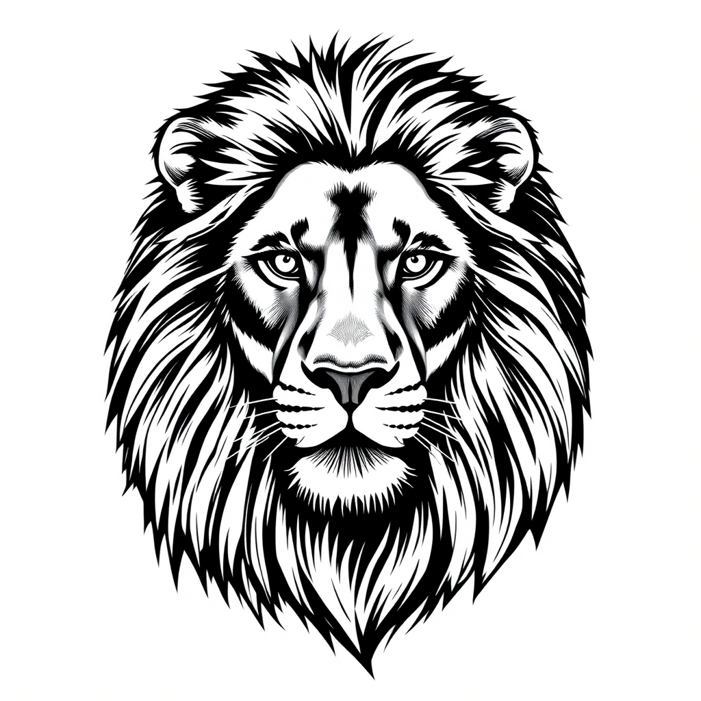 Create a realistic illustration of a lion in black and white, positioned slightly to the side so that both eyes are visible. The drawing should highlight the intricate details of the lion's mane and facial features, capturing its majestic expression. The artistic style should resemble a high-quality sketch, suitable for branding or sports uniform design.