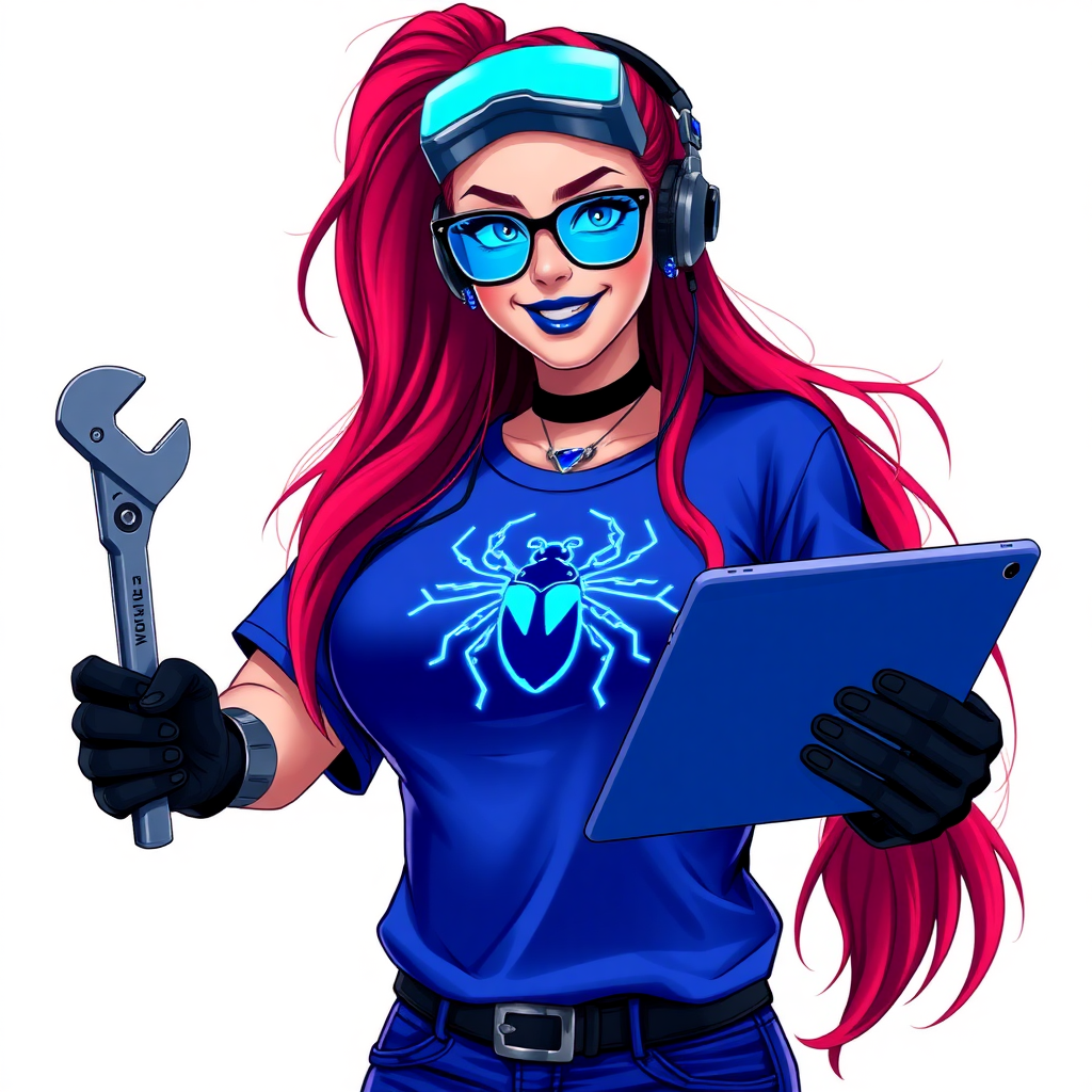 An intelligent and tech-savvy 29-year-old computer hacker and tech genius. She has a long ruby red ponytail. She wears maximum blue lipstick, blue eyes, a sapphire beetle gemstone necklace, sapphire earrings, black eyeglasses, hi-tech power gloves, and an oversized maximum blue t-shirt featuring a neon blue glowing beetle chest icon. She has a gargantuan full-figured physique with a prominent round gargantuan midsection, reflecting her well-cared-for lifestyle. She sports a sapphire headset with a hi-tech maximum turquoise lensed HUD, and a beaming smile accentuated by a passionate neon red blush. She serves as his tech expert from his hideout, holding a futuristic tool wrench and a futuristic digital tablet. The background is solid white. She is drawn as if she was in a retro 2D cyberpunk fighting game.