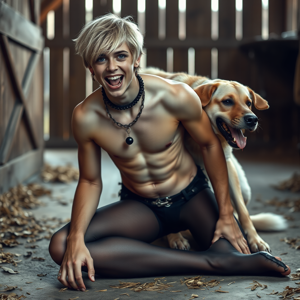 photorealistic, ultra high resolution, 16K, surreal fantasy, soft studio lighting, Caleb Swift is a pretty 16 year old goth male, slim male physique, blonde hair, blue eyes, goth makeup, earrings, sheer black pantyhose, spikey neck collar with chain, kneeling and leaning forward on the floor of the barn while his large dog rests its front legs on Caleb's back, during daytime, excited open mouth smile, small black ball-gag, drooling a stream of saliva from his mouth, bulging crotch, facing the camera.