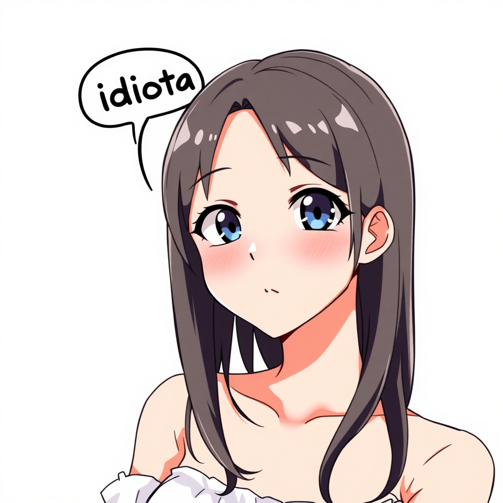 anime sticker, anime girl, white background, sexy, speech bubble saying "Idiota", low cloth