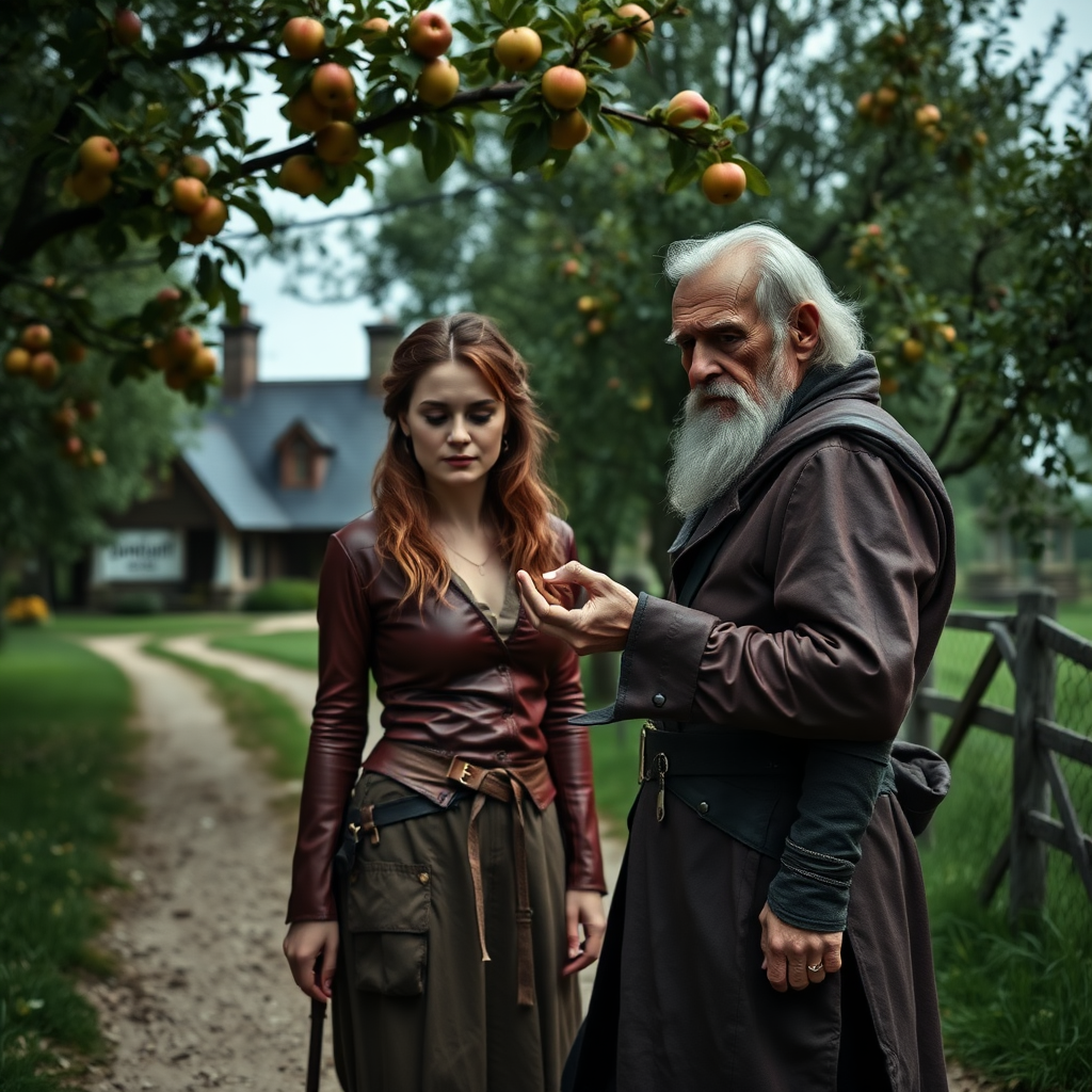 A wide distance shot of a pretty female thief in subtle red leather clothing, standing next to a frail old farmer who looks ill. She is holding a gold ring towards him but he waves it away. Apple trees surround a pastoral fantasy house near a road to "Dunright".