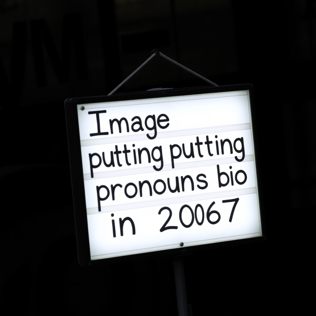 a sign saying "Imagine putting pronouns in bio in 2067."