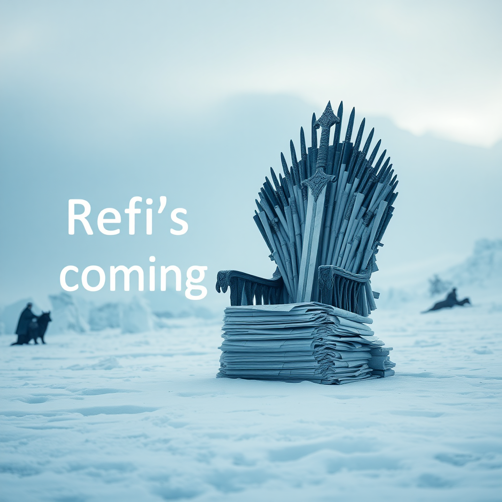 A movie scene in Antarctica depicting the game of thrones sword chair made out of stacks of paper. The text in the background says “Refi’s are coming.” Epic theme and high quality cinematic elements. No animals or people. Winter storm, epic legendary shot. Stunning visuals.