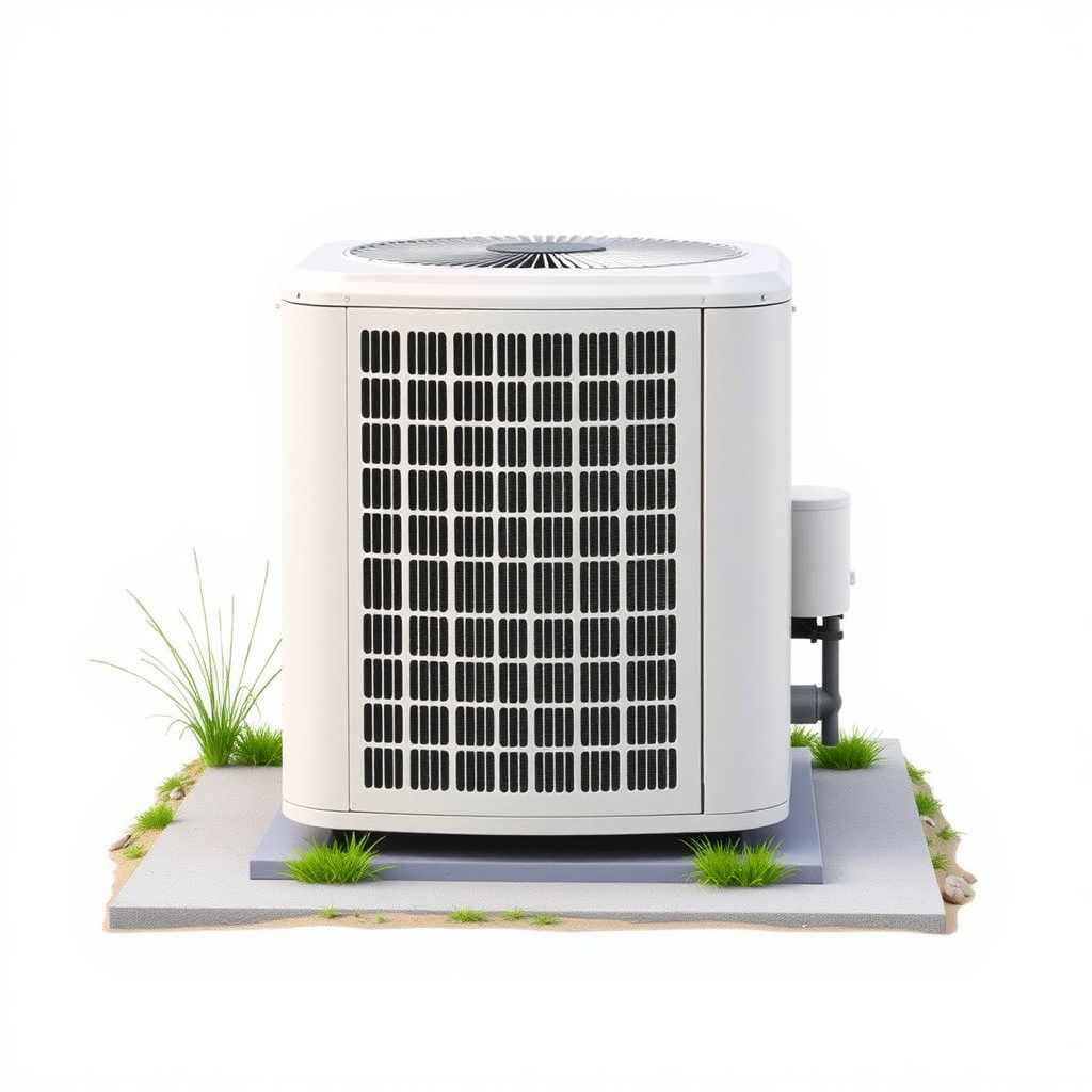 A simple, realistic image of a standard residential outdoor air conditioning unit or condenser. The unit should be placed on a flat surface, such as a concrete pad, and surrounded by some basic landscaping elements like grass, small shrubs, or rocks. The unit should be a neutral color like white, beige, or gray. The image should have a plain, uncluttered background to serve as a generic stock photo.