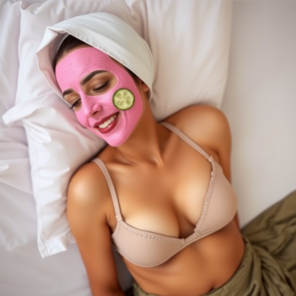 A skinny, traditional, 30 year old Indian wife with a hijab, wearing a bra and skirt, lying on a bed. Her face is covered with a pink face mask, and her eyes are covered with cucumber slices. She looks satisfied from her facial expression.