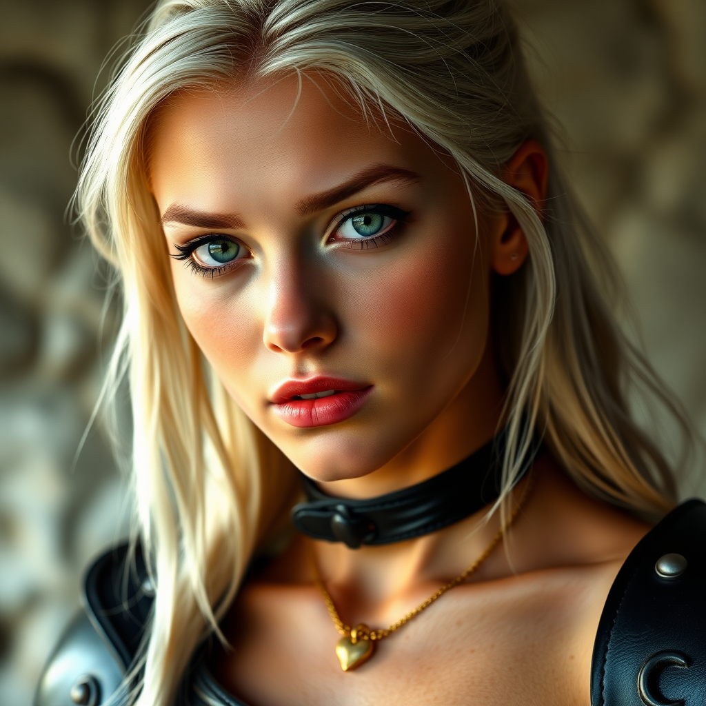 Portrait of a beautiful young platinum blonde woman with green eyes, a suntan, light brown eyebrows, and large breasts. She is wearing black leather armor and a gold necklace with a small heart pendant.