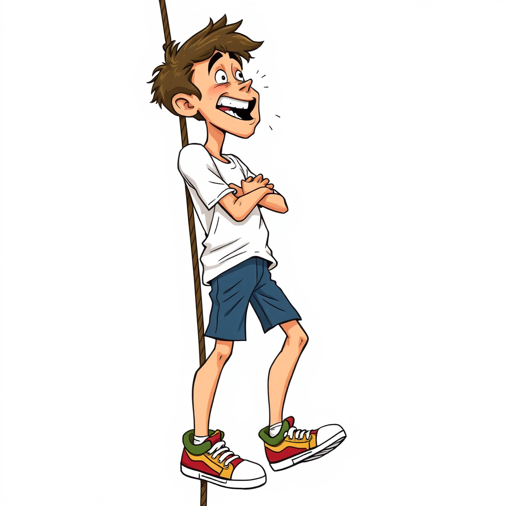 nervous short 20 year old european skinny man, short white t-shirt, standing, stunned, mesmerized, joyful, heavy drooling, heavy sweating, climbing up a rope, side view, sneakers, detailed feet, 2D, caricature, cartoon, Sketch lines, coloring book, coloring book, colorful image,