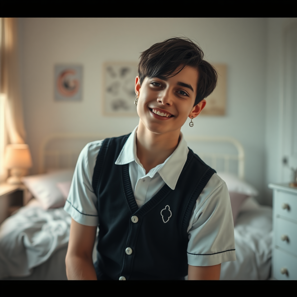 photorealistic, ultra high resolution, 16K, surreal fantasy, soft studio lighting, a pretty 16 year old goth male, slim male physique, short dark hair, goth makeup, earrings, sheer pantyhose, UK girls-school uniform, Mary-Jane shoes, in the bedroom - , excited smile, facing the camera.