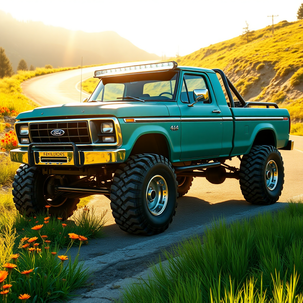 Alongside a sun-drenched, winding road flanked by vibrant wildflowers, a rugged restomod Ford 4x4 pickup truck stands proudly. Its matte turquoise paint gleams under the warm afternoon sun, reflecting hints of the surrounding landscape. The vehicle, reminiscent of Taiyō Matsumoto's distinctive art style, features smooth, flowing lines and a stylized light bar that glimmers like a beacon, hinting at adventures yet to come. The chunky tires, caked with remnants of previous off-road escapades, hint at a life lived on the edge of exploration. Sunlight dances across the polished chrome detailing, intensifying the gritty, powerful aesthetic of this monster truck. Nearby, patches of bright green grass sway gently in the warm breeze, and the faint sound of chirping crickets fills the air, creating a lively but relaxed atmosphere, as if the very environment reflects the spirit of freedom that this striking vehicle embodies. A hint of gasoline mingles with the scent of wildflowers, providing an olfactory reminder of the journey that has brought the truck to this tranquil roadside haven.